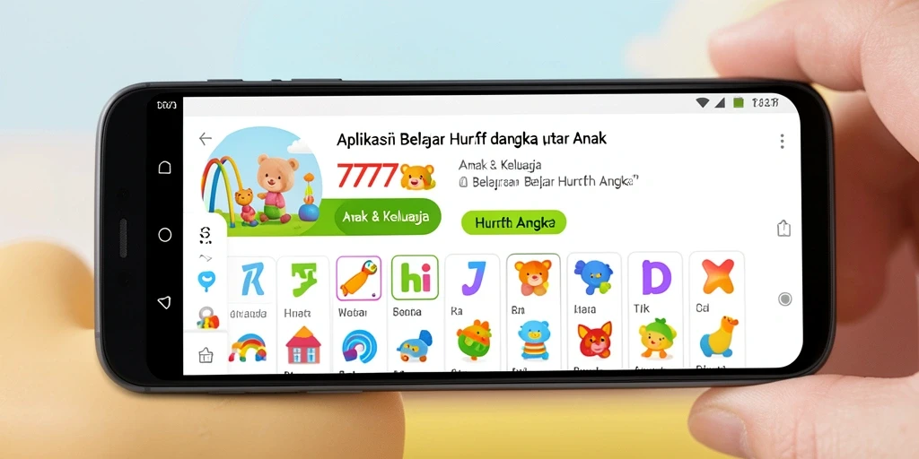 Antarmuka aplikasi 7777W yang menarik untuk belajar huruf dan angka.