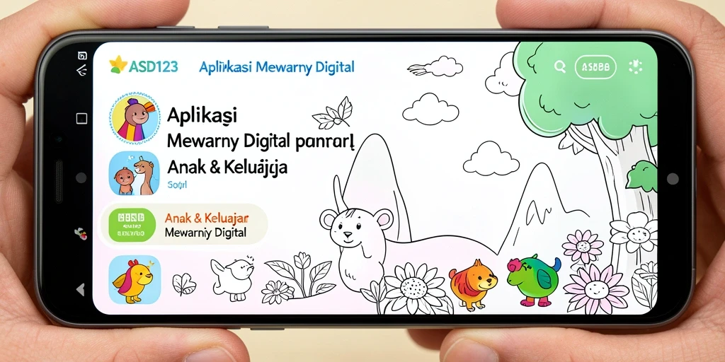 Tampilan antarmuka aplikasi Mewarnai Digital dengan pilihan gambar yang ceria.