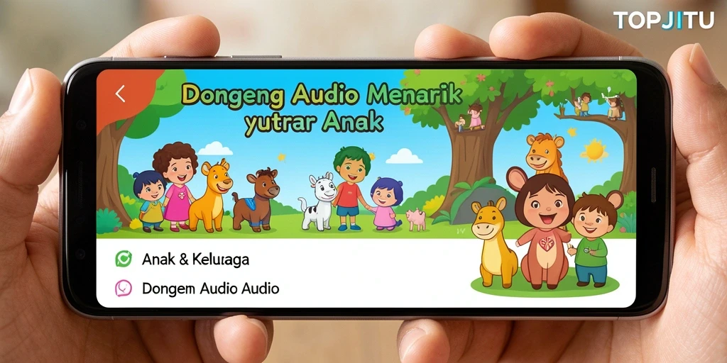 Tampilan antarmuka user-friendly dari TOPJITU dengan pilihan dongeng audio.