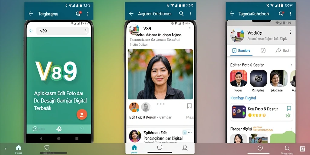 Screenshot utama V89 menampilkan antarmuka edit foto yang sederhana dan modern.